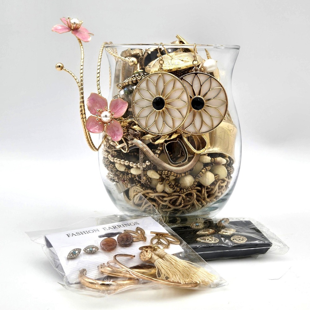 Gold Tone Variety Costume Jewelry Jar Mixed Necklaces Bracelets Earrings 2lb